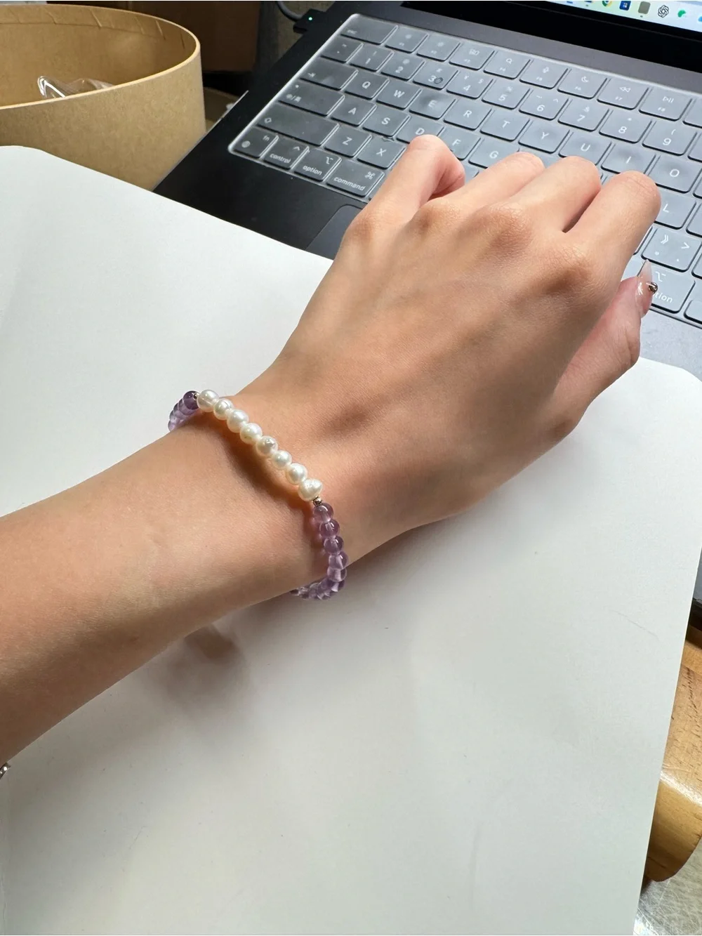 Amethyst Lavender and Cream Beaded Pearl Bracelet - Women Jewelry